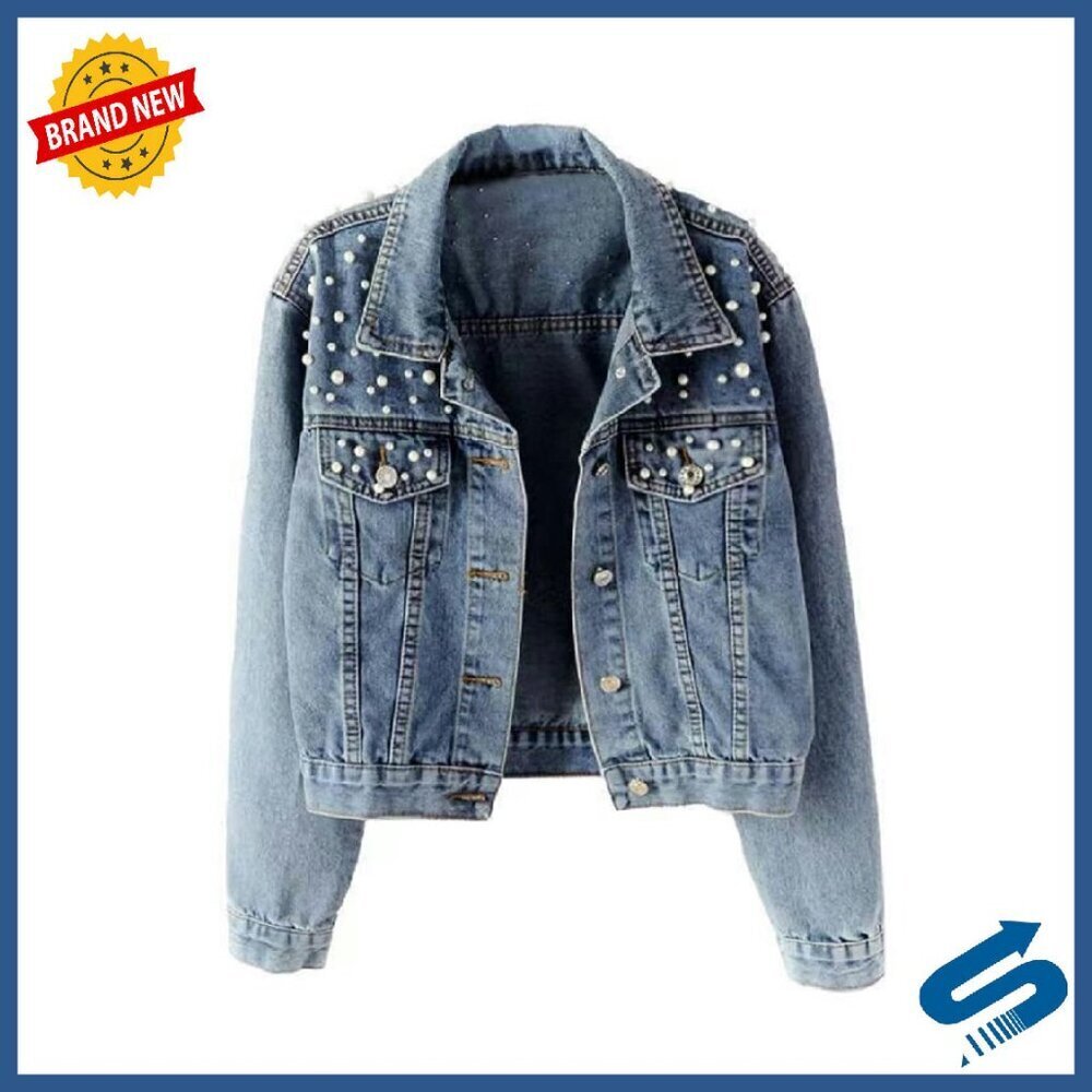 Oversize Pearl Embroidered Ripped Denim Jacket Long Sleeve Distressed